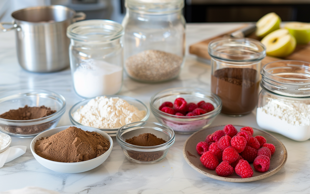 Professional cooking photo of these raw cooking ingredients in right size containers on a chef's table brown teff flour Joyce's all-purpose gluten-free flour baking powder pure stevia extract powder vegan protein powder raspberries unsweetened applesauce water pure vanilla extract canola oil erythritol powder --aspect 8:5